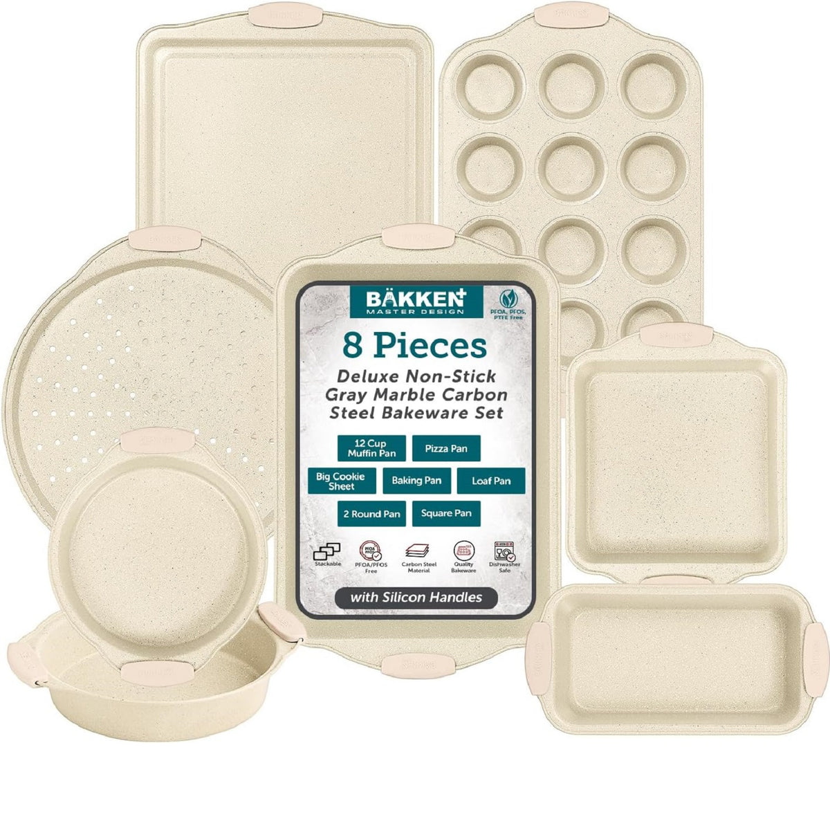 Bakken 8-Piece Bakeware Set – Silicone Handles, White Marble