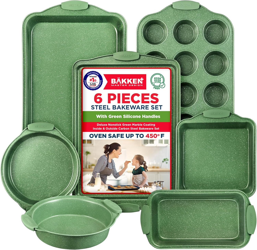 BAKKEN Kitchen Baking Pan Set - Nonstick Green Marble Coating, Carbon Steel Bakeware Sets with Green Silicone Handles, Kitchen Essentials, PFOA, PFOS, PTFE Free, Oven Safe (Up To 450° F), Set of 6