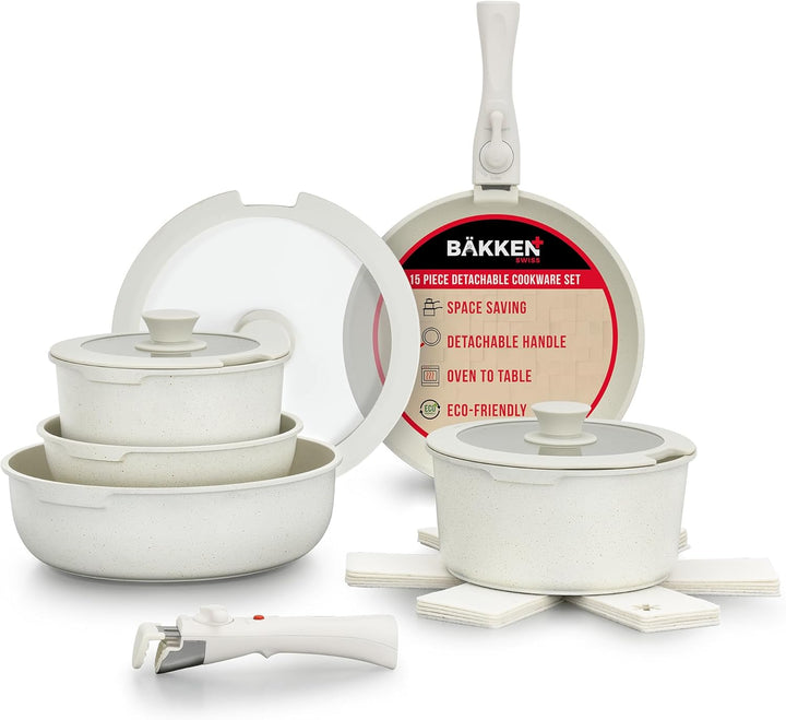 Bakken 15-Piece Non-Stick Cookware Set with Detachable Handles – Granite Stackable Pots and Pans Set, Dishwasher Safe, Oven-Safe, and Compatible Kitchen Essential for All Stoves – Black Granite