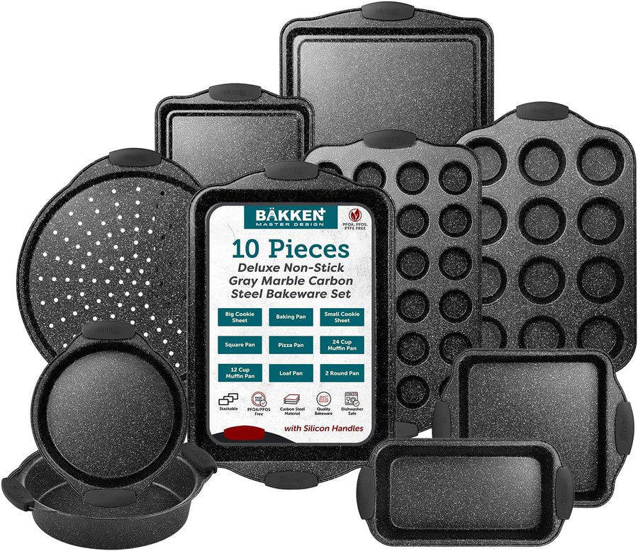 Bakken 10-Piece Bakeware Set – Gray, White Handles