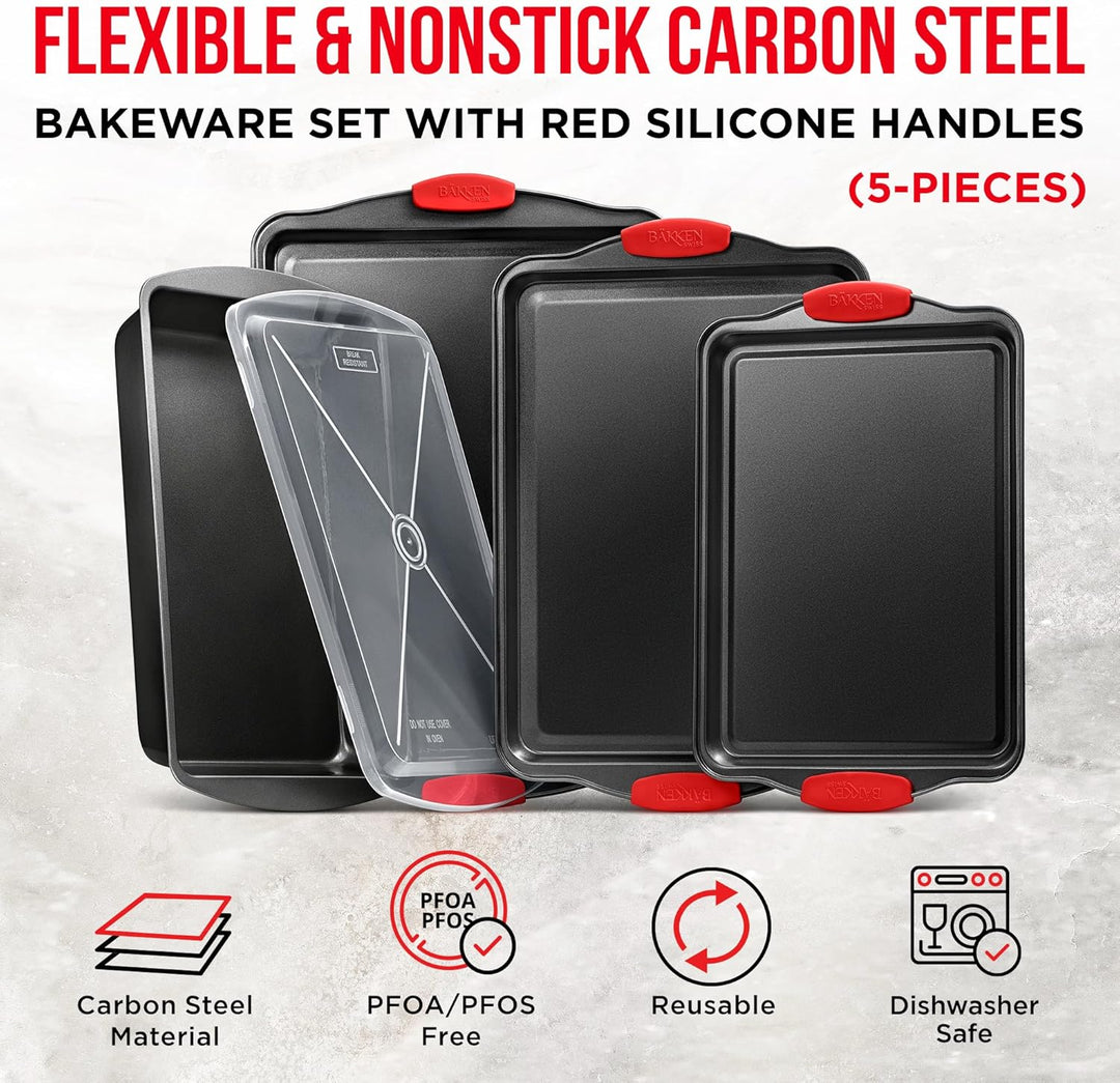 Nonstick Cookie Sheet Pans Set of 5 - Professional Quality Carbon Steel Baking Sheet Trays with Gray Coating Inside & Outside – Small, Medium, Large Pans, Roaster Pan, and Plastic Lid