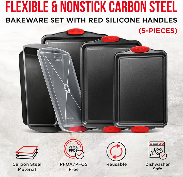 Nonstick Cookie Sheet Pans Set of 5 - Professional Quality Carbon Steel Baking Sheet Trays with Gray Coating Inside & Outside – Small, Medium, Large Pans, Roaster Pan, and Plastic Lid