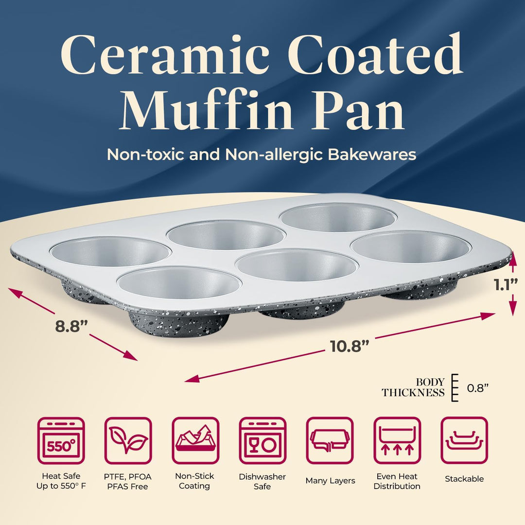 Bake with Elegance: 6-Cup Cake/Muffin Pan Set - Blue, Teal, Marble, Golden, Cream - Aluminized Steel with Ceramic Non-Stick Coating, PFOA & PFAS Free - Non-Toxic, Heavy-Duty Bakeware