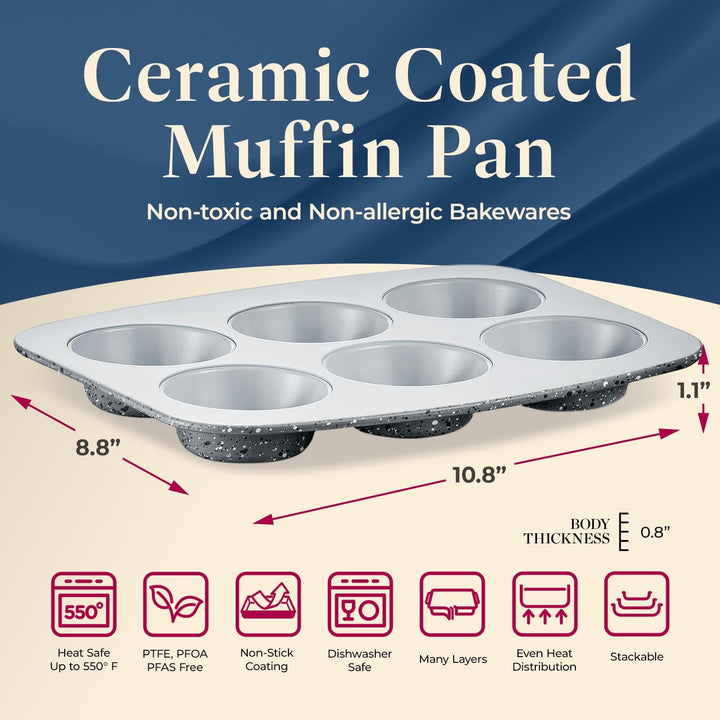 Bake with Elegance: 6-Cup Cake/Muffin Pan Set - Blue, Teal, Marble, Golden, Cream - Aluminized Steel with Ceramic Non-Stick Coating, PFOA & PFAS Free - Non-Toxic, Heavy-Duty Bakeware