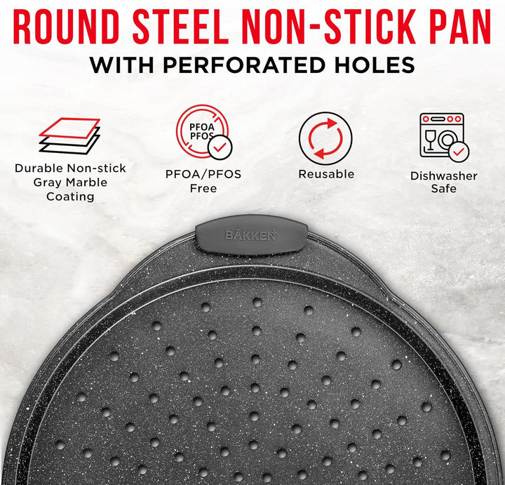 Bakken Pizza Baking Pan - Round Perforated Carbon Steel Pan with Non-Stick Marble Coating, Oversized Silicone Handle, Dishwasher Safe, High-Temperature Resistant, Durable & Easy Cleanup Gray