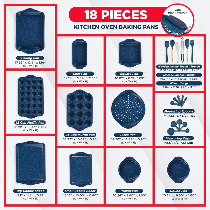 BAKKEN Kitchen Baking Pan Set - Nonstick Coating, Carbon Steel Bakeware Sets with Blue Silicone Handles, Baking Kitchen Essentials, PFOA, PFOS, PTFE Free, Oven Safe Tray (Up To 450° F), Set of 18