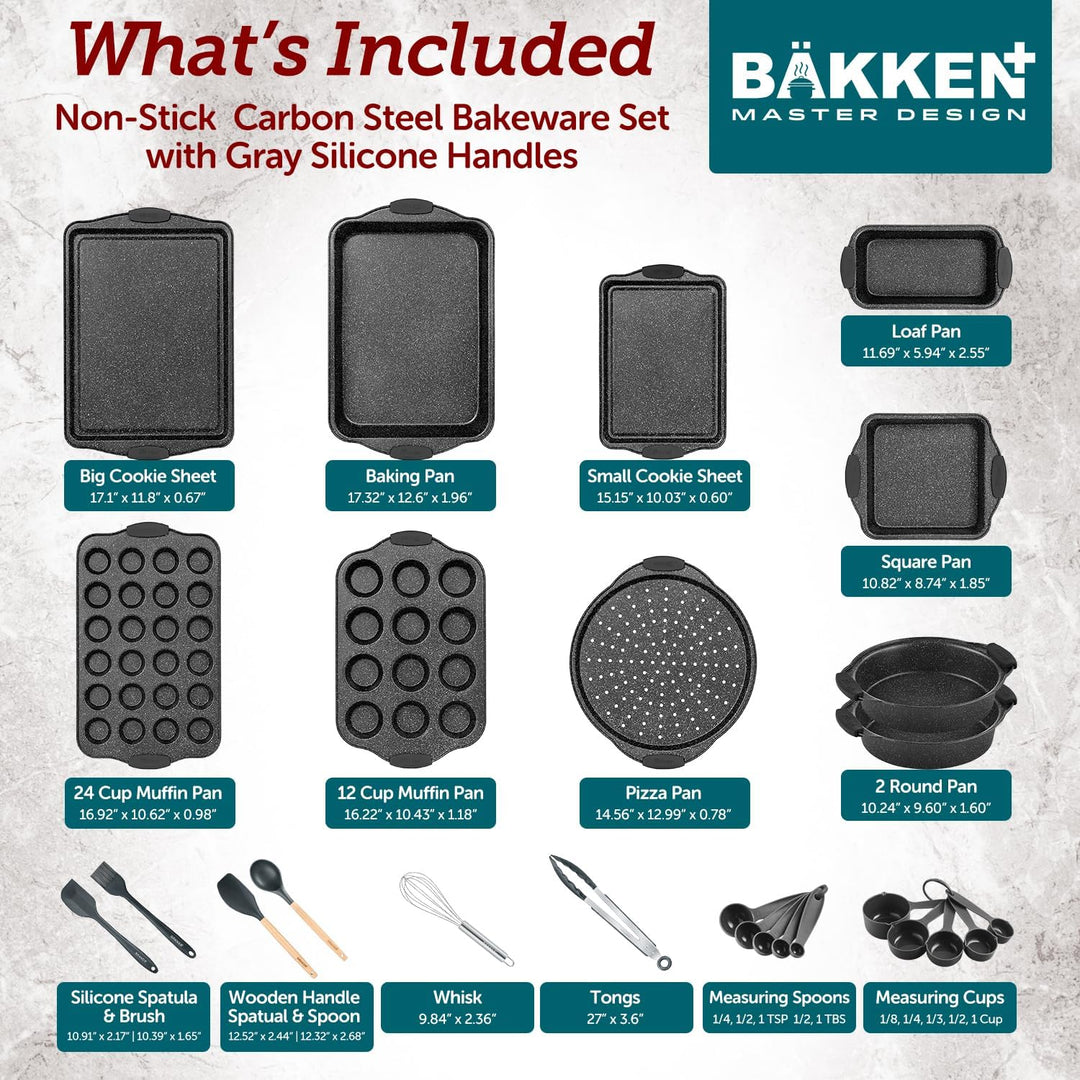 18-Piece Kitchen Oven Baking Set: Nonstick Gray Marble Coating, Carbon Steel Bakeware, Silicone Handles, Dishwasher Safe, Professional Quality, PFOA-Free