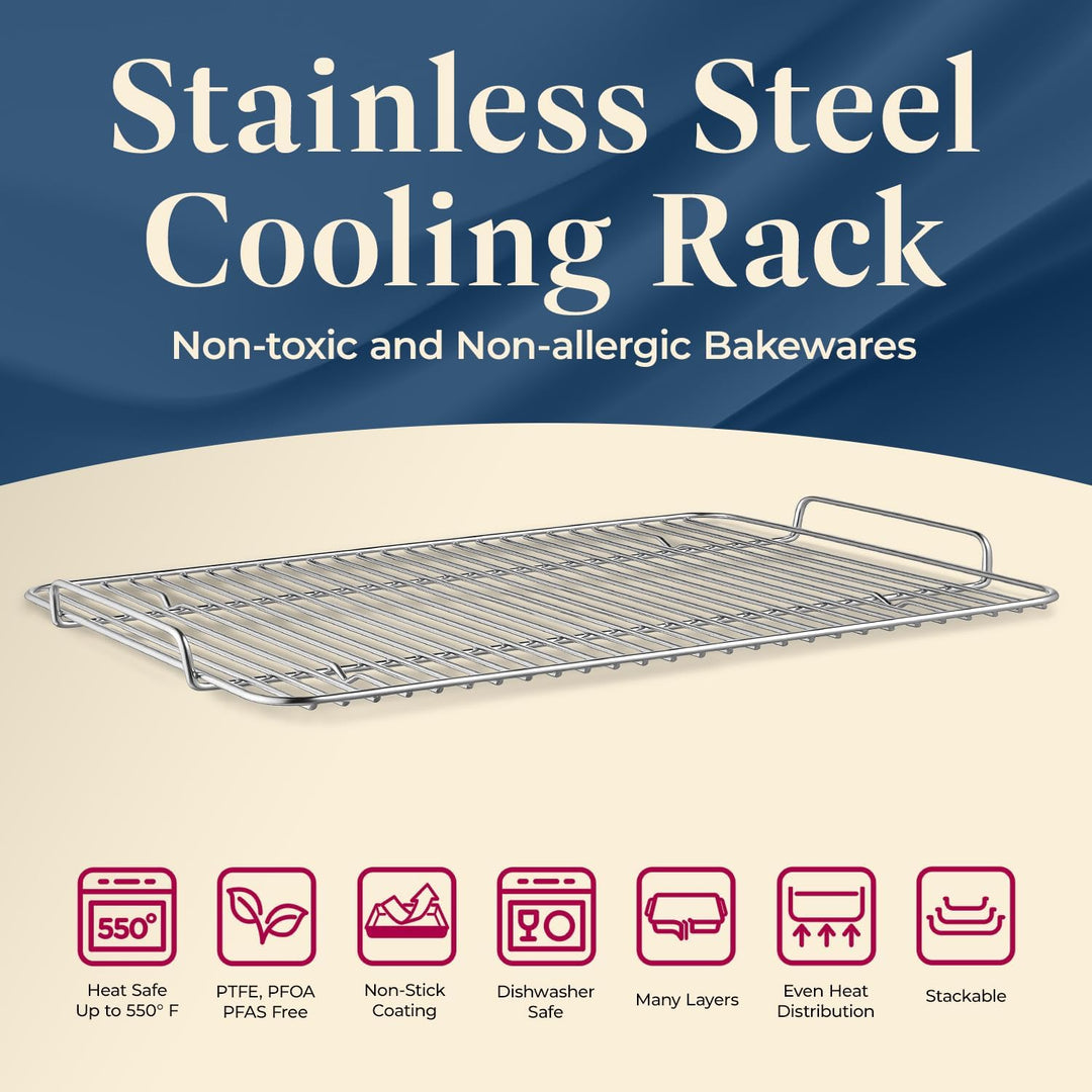 BAKKEN SWISS Stainless Steel Cooling Rack 14.6x10" - Heavy-Duty, Non-Toxic, Durable Quality, Proper Size for Sheet Pan - Food Grade SS304, Dishwasher Safe, Easy Clean