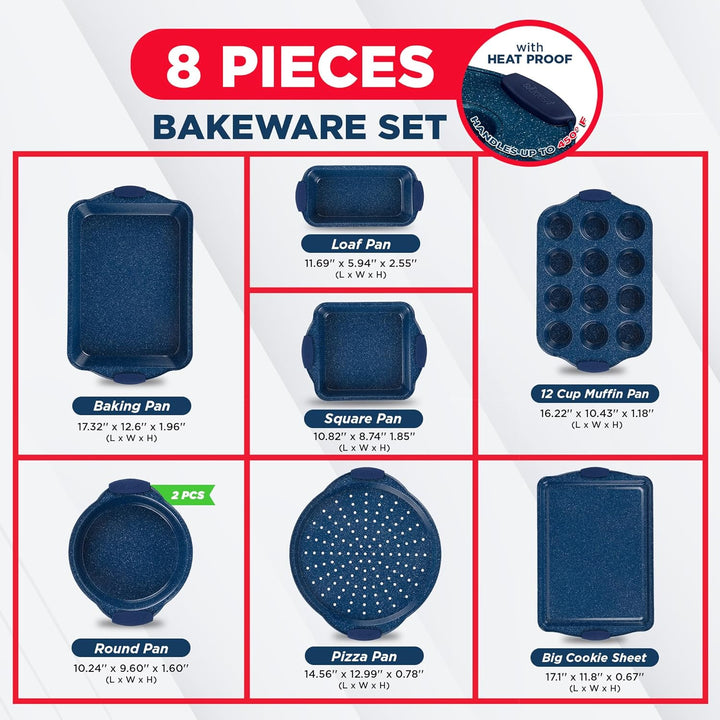BAKKEN Kitchen Baking Pan Set - Nonstick Coating, Carbon Steel Bakeware Sets with Blue Silicone Handles, Baking Kitchen Essentials, PFOA, PFOS, PTFE Free, Oven Safe Tray (Up To 450° F), Set of 8