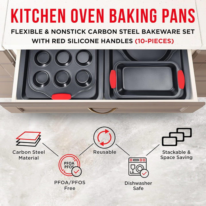 BAKKEN Kitchen Baking Pan Set - Nonstick Coating, Carbon Steel Bakeware Sets with Red Silicone Handles, Baking Kitchen Essentials, PFOA, PFOS, PTFE Free, Oven Safe Tray (Up To 450° F), Set of 18