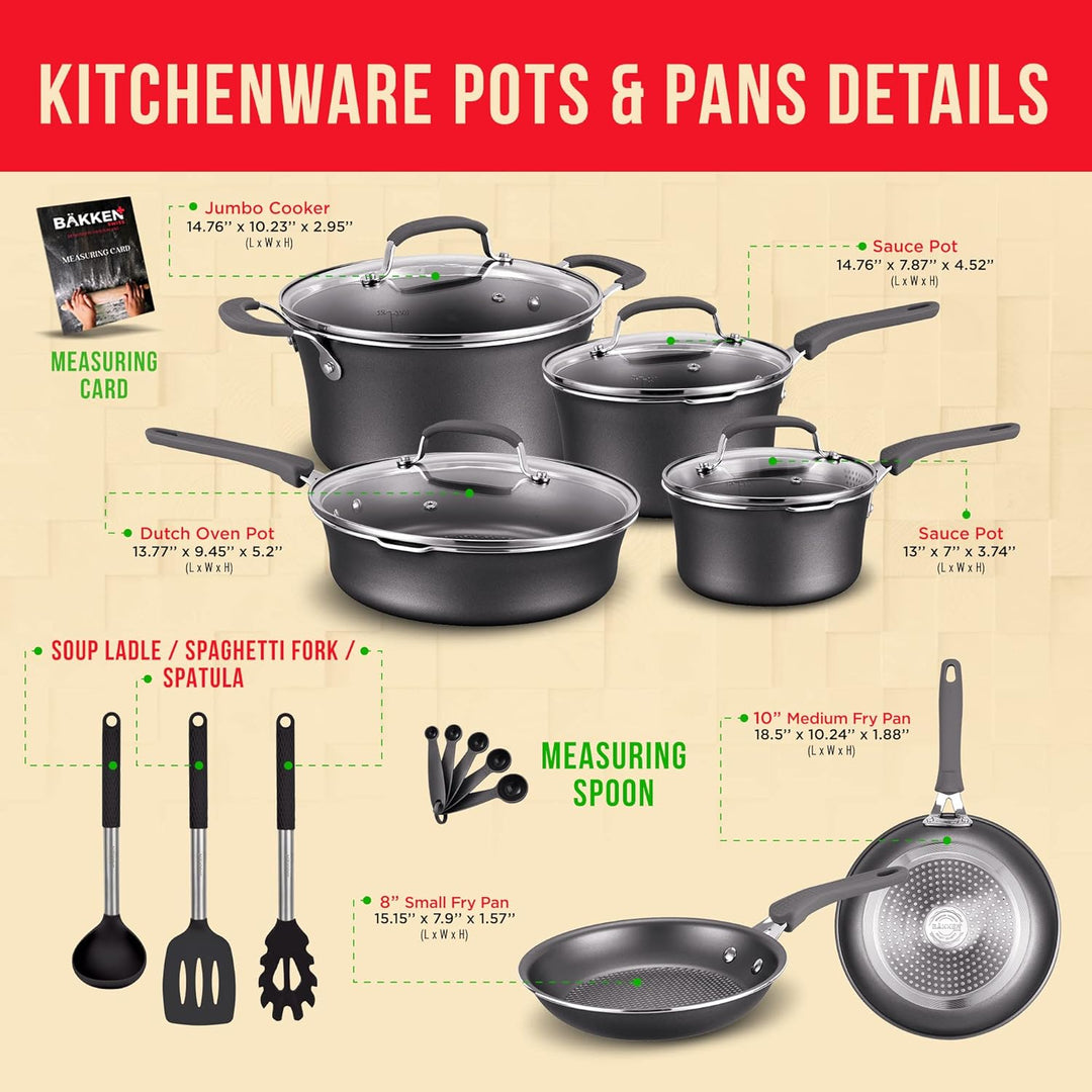 Pots and Pans Set – 14 Piece – Non-Stick Professional Home Kitchenware – Cooking Pots with Lids – Skillet Fry Pans – Suitable for Gas, Electric, Ceramic and Induction Counter Cooktops - Black