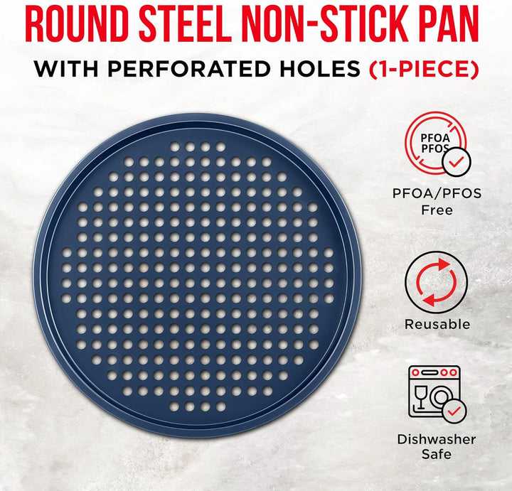 Bakken Pizza Baking Pan - Round Perforated Carbon Steel Pan with Non-Stick Marble Coating, Oversized Silicone Handle, Dishwasher Safe, High-Temperature Resistant, Durable & Easy Cleanup, Pack of 1