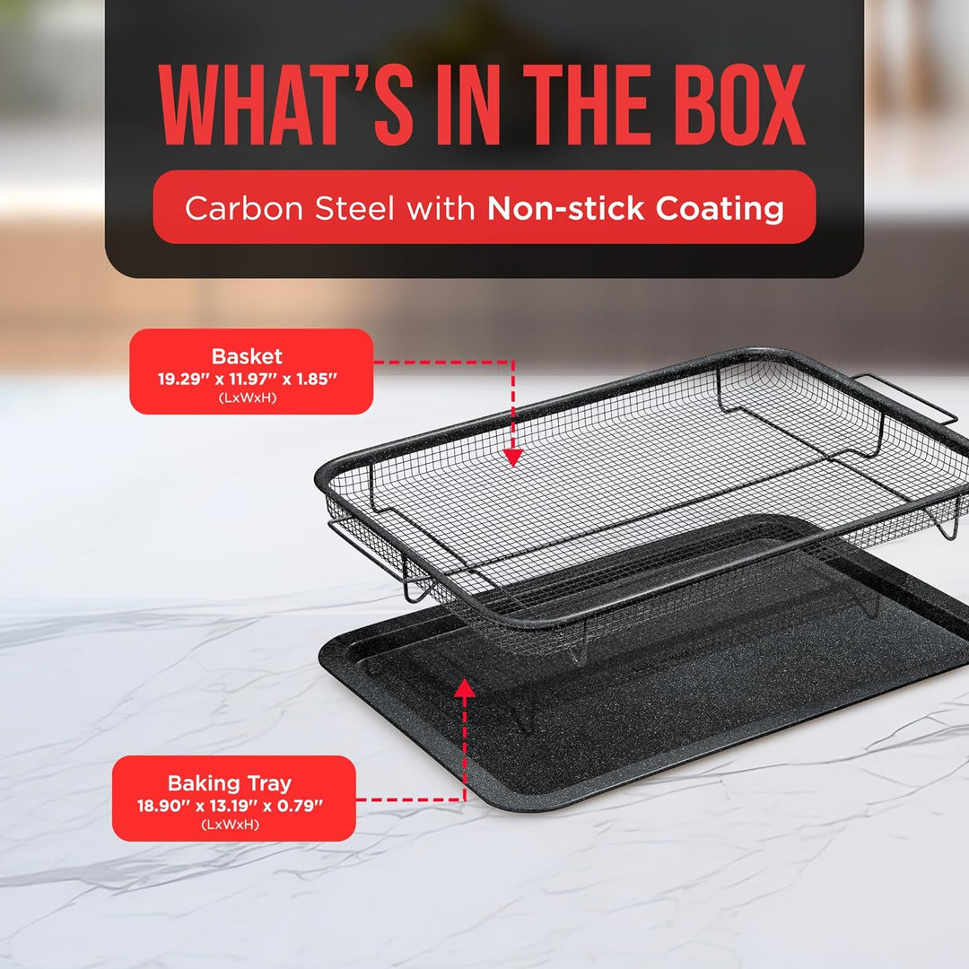 Bakken- Swiss Crisper Tray Gray marble Coating - 2-Piece Set , Non-Stick Basket Design for Healthier Cooking in Regular Ovens - Make Great Crispy Food , Bacon and More, Extra Large Size 19" x 13"