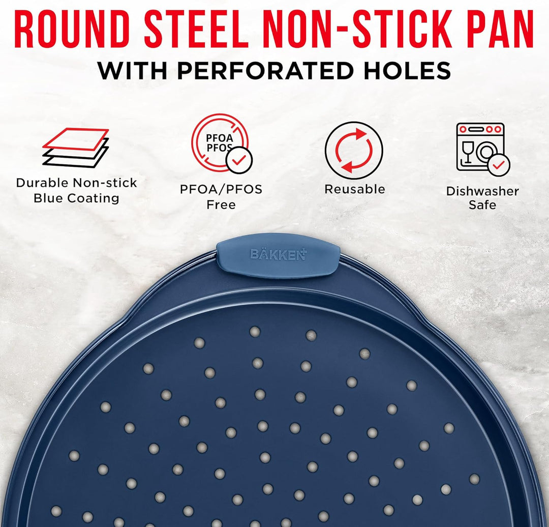 Bakken Pizza Baking Pan - Round Perforated Carbon Steel Pan with Non-Stick Marble Coating, Oversized Silicone Handle, Dishwasher Safe, High-Temperature Resistant, Durable & Easy Cleanup Blue, 2 Pack