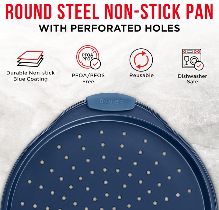Bakken Pizza Baking Pan - Round Perforated Carbon Steel Pan with Non-Stick Marble Coating, Oversized Silicone Handle, Dishwasher Safe, High-Temperature Resistant, Durable & Easy Cleanup Blue, 2 Pack