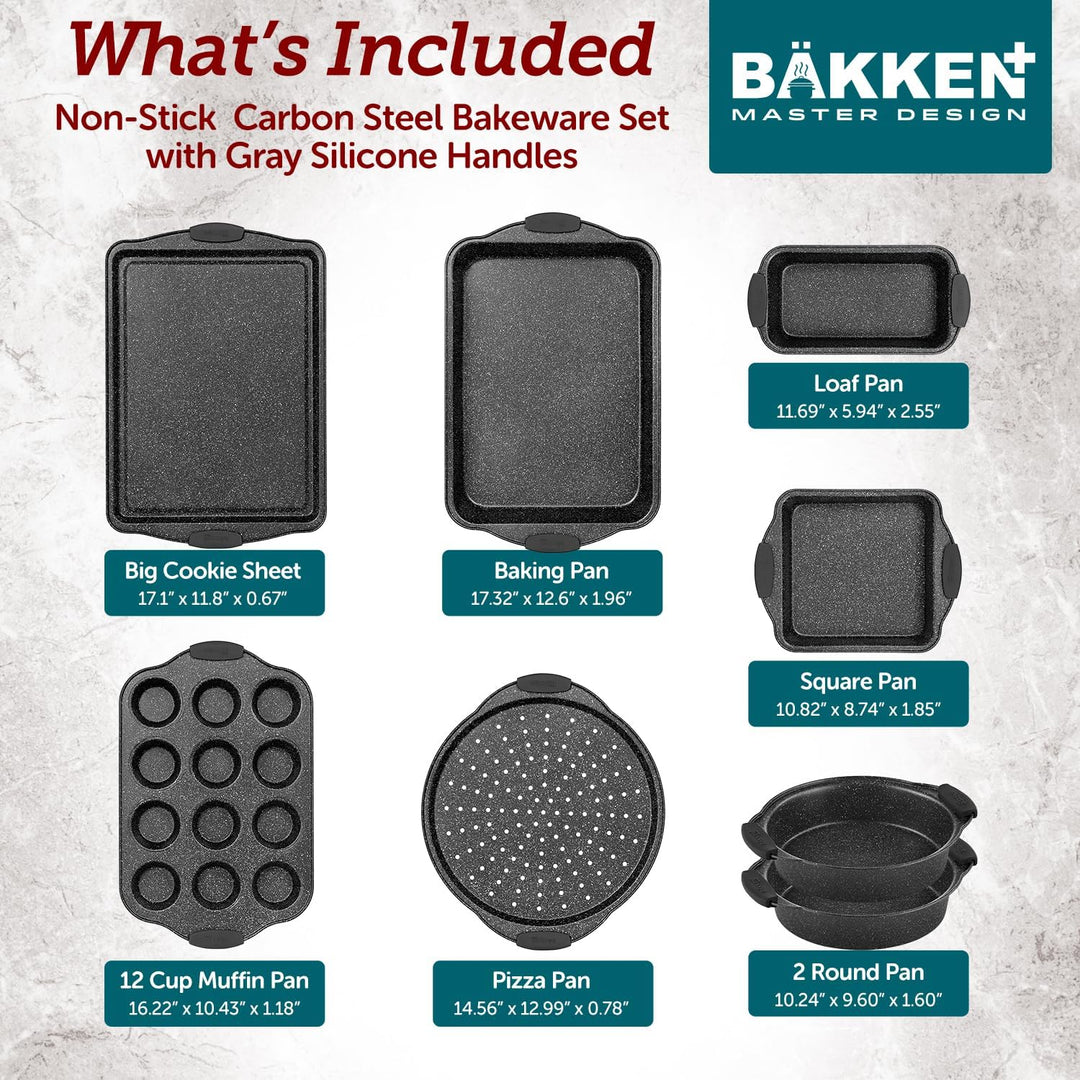 BAKKEN 8-Piece Kitchen Oven Baking Pans Set - Deluxe Nonstick Gray Marble Coating, Professional Grade Carbon Steel Bakeware with Silicone Handles - Oven, Dishwasher, and Freezer Safe