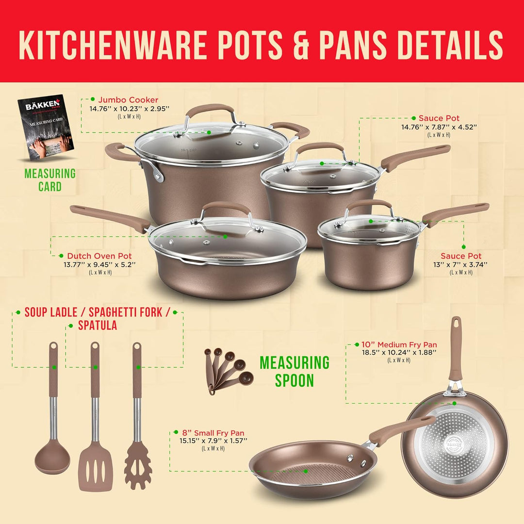 Pots and Pans Set – 14 Piece – Non-Stick Professional Home Kitchenware – Cooking Pots with Lids – Skillet Fry Pans – Suitable for Gas, Electric, Ceramic and Induction Counter Cooktops - Golden