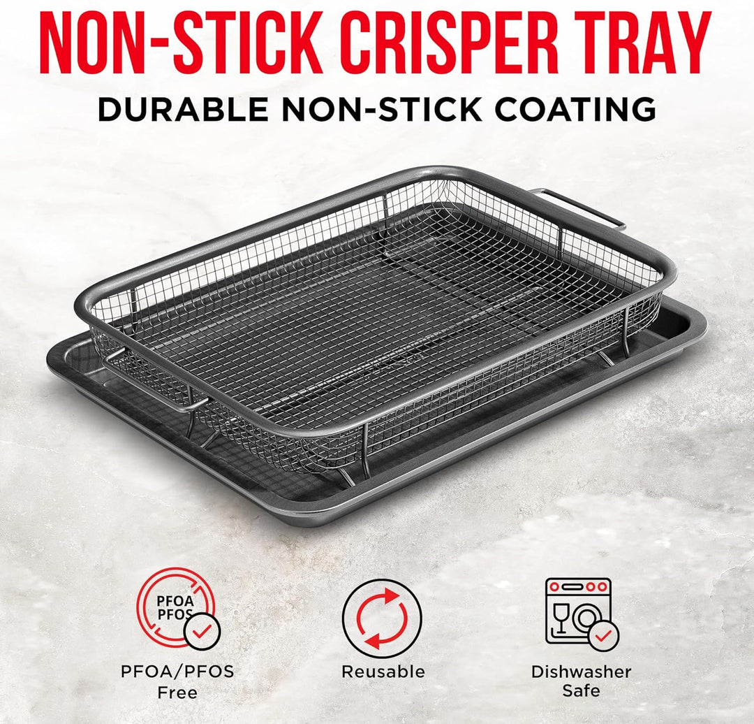 Bakken Swiss Air Fryer Tray, 2 in 1 Nonstick Crisper Air Fry Basket w/Elevated Mesh Great for Oven, Dishwasher Safe – Ceramic Coating PTFE/PFOA/PFOS FREE Extra-large (9.5"x13", Gray)