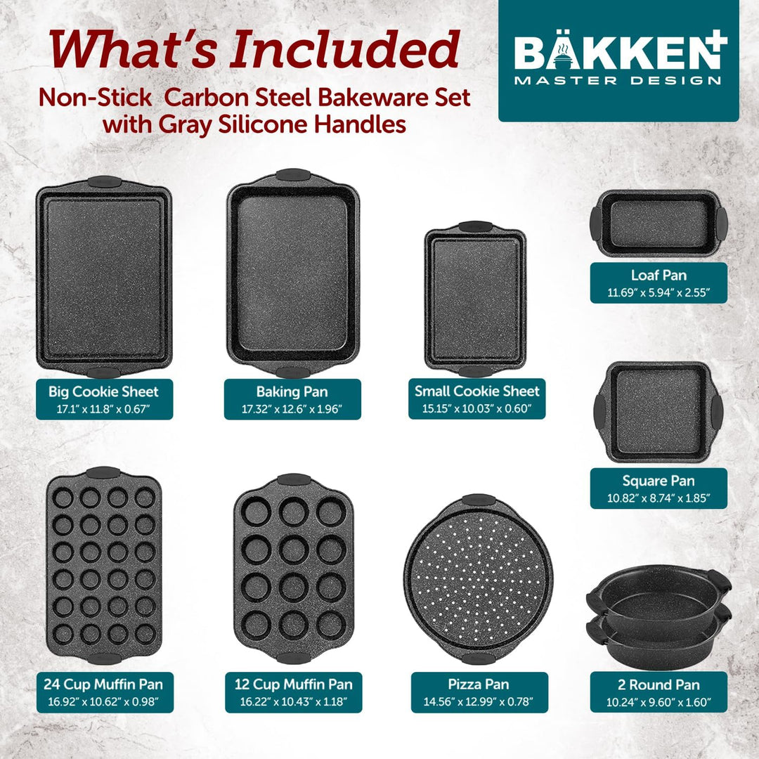 BAKKEN Kitchen Oven Baking Pans - Nonstick Gray Coating, Carbon Steel Bakeware Set with White Silicone Handles, Commercial Restaurant Quality Pans, PFOA, PFOS, PTFE Free, Oven Safe (450° F), Set of 10