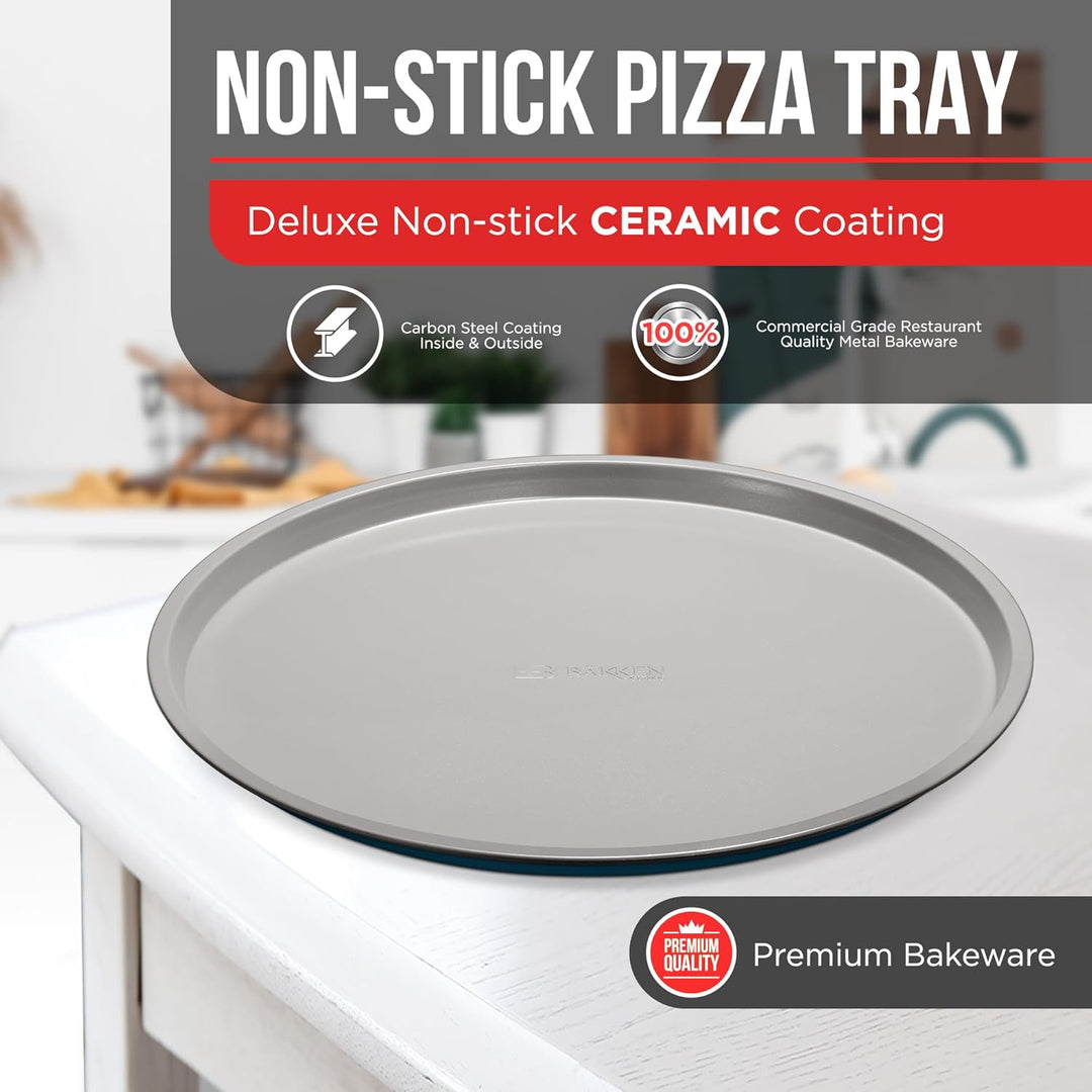 BAKKENMASTER Bakken Swiss Pizza Tray Set 3-Piece – Gray Ceramic Coating, Non-Stick, Round Steel Pizza Pans - Dishwasher Safe, Premium Bakeware for Home Cooking Heatly coating