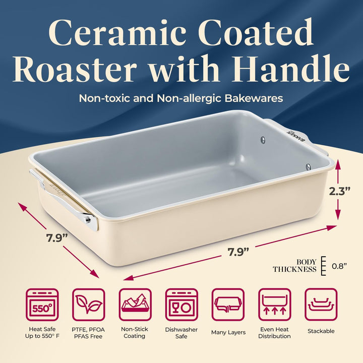 Premium Non-Stick Ceramic 8\"x15.5\" Rectangle Pan - Aluminized Steel with Ceramic Non-Stick Coating, PFOA & PFAS Free - Non-Toxic, Perfect for Lasagnas, Brownies, and More - Cream