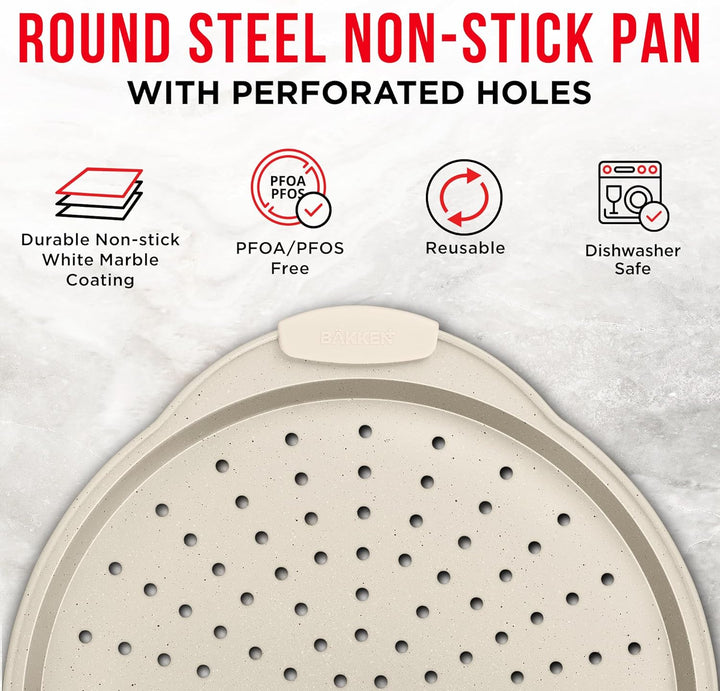 Bakken Pizza Baking Pan - Round Perforated Carbon Steel Pan with Non-Stick Marble Coating, Oversized Silicone Handle, Dishwasher Safe, High-Temperature Resistant, Durable, and Easy Cleanup White