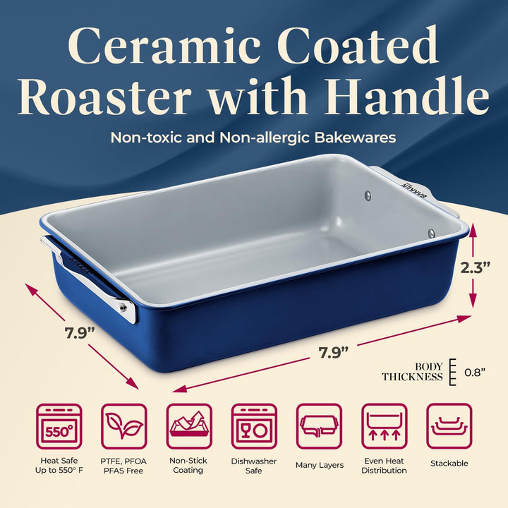 Enhance Your Cooking Experience with our Blue Roaster Pan - Aluminized Steel with Ceramic Non-Stick Coating, PFOA & PFAS Free. Non-Toxic, Heavy-Duty, Perfect Size for Various Bakings