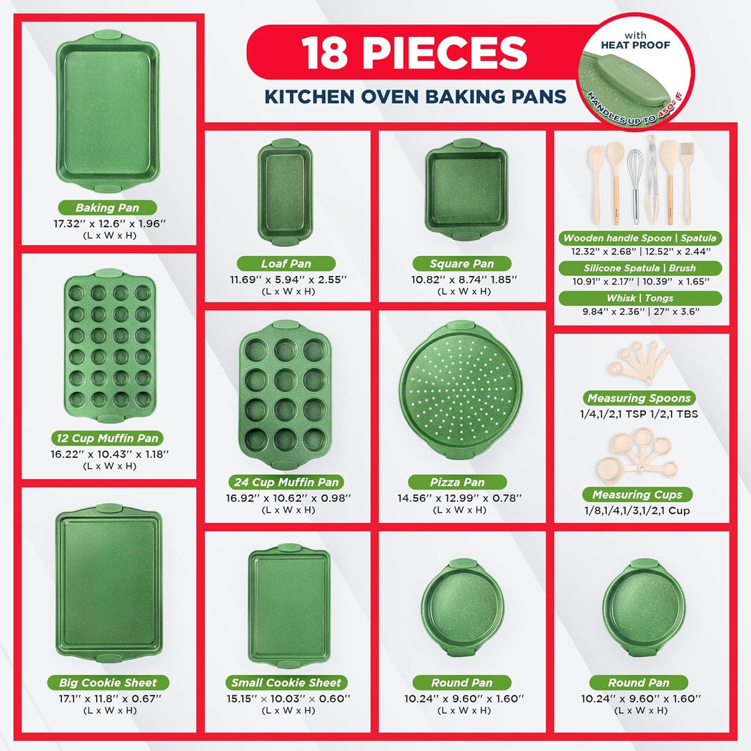 BAKKEN Kitchen Baking Pan Set - Nonstick Green Marble Coating, Carbon Steel Bakeware Sets with Green Silicone Handles, Kitchen Essentials, PFOA, PFOS, PTFE Free, Oven Safe (Up To 450° F), Set of 18