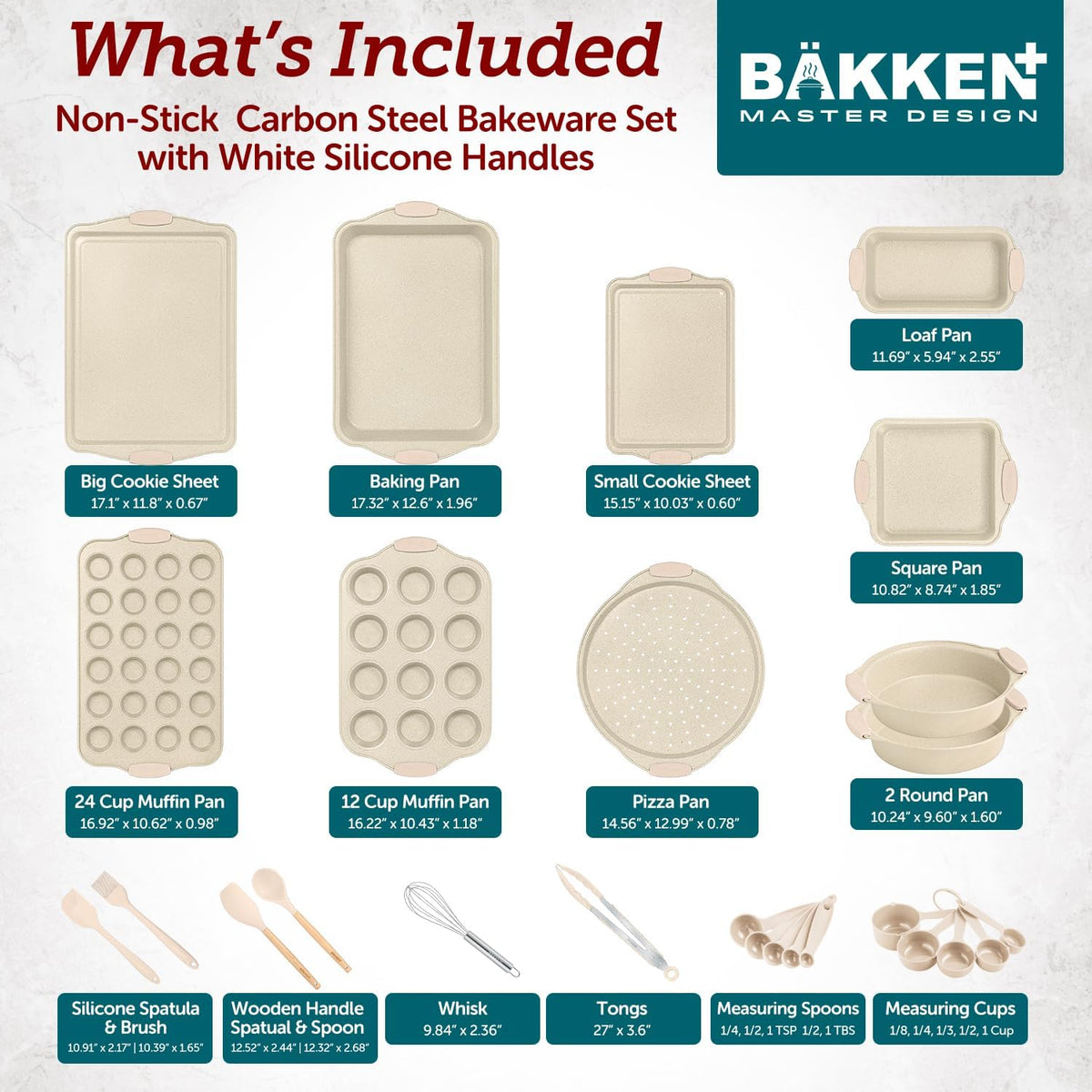 Bakken 18-Piece Bakeware Set – Silicone Handles, White Marble