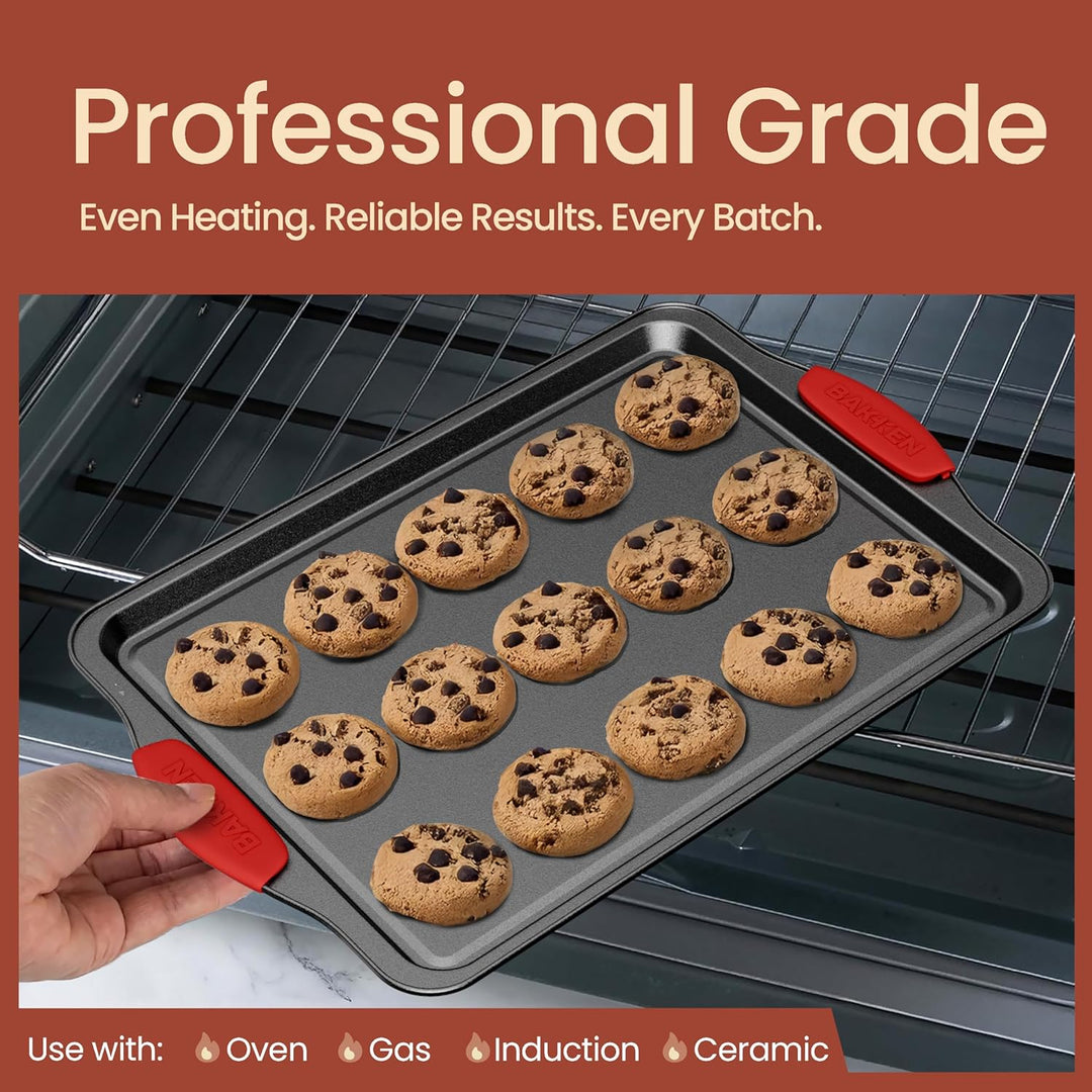 BAKKEN Kitchen Baking Pans - 15.15 x 10.03" Medium Nonstick Sheet, Durable Carbon Steel Cookie Sheet with Gray Silicone Handles, PFOA, PFOS, PTFE Free, Oven Safe Tray (Up To 450°F), Set of 1