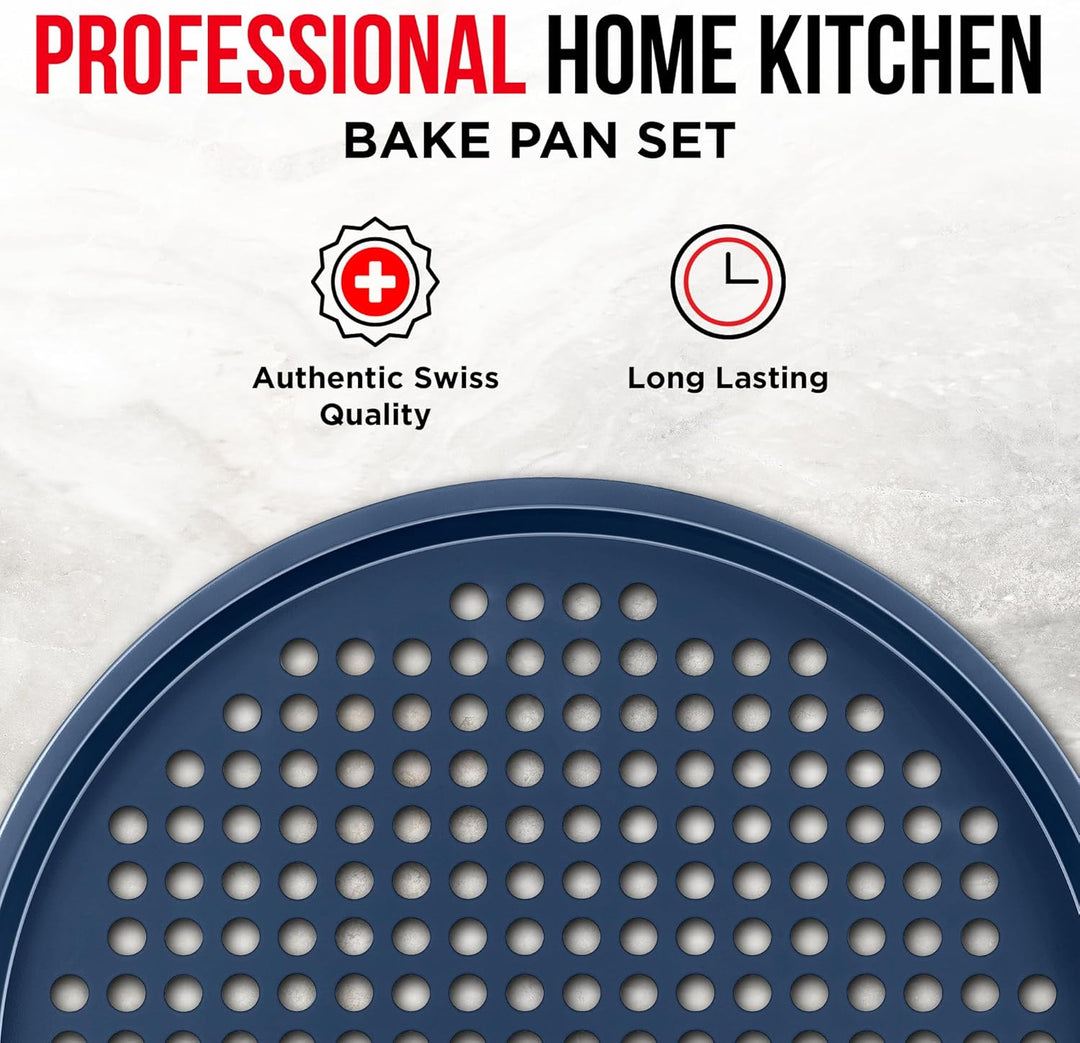 Bakken Pizza Baking Pan - Round Perforated Carbon Steel Pan with Non-Stick Marble Coating, Oversized Silicone Handle, Dishwasher Safe, High-Temperature Resistant, Durable Easy Cleanup - Blue,Pack of 2