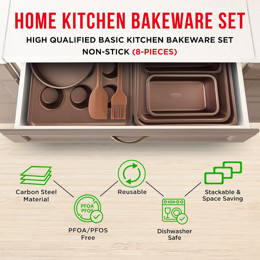 Bakeware Set – 8 Piece – Non-Stick Professional Home Bakeware – Multi Sized Baking Pan Set - Muffin Pan, Loaf Pan and More – Gold