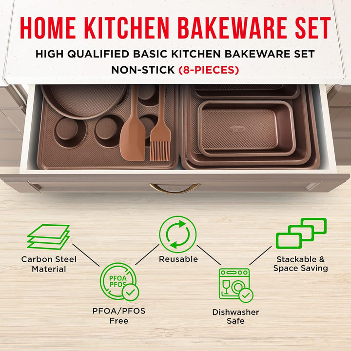 Bakeware Set – 8 Piece – Non-Stick Professional Home Bakeware – Multi Sized Baking Pan Set - Muffin Pan, Loaf Pan and More – Gold