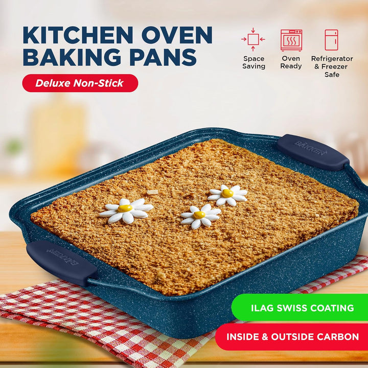 BAKKEN Kitchen Baking Pan Set - Nonstick Coating, Carbon Steel Bakeware Sets with Blue Silicone Handles, Baking Kitchen Essentials, PFOA, PFOS, PTFE Free, Oven Safe Tray (Up To 450° F), Set of 18