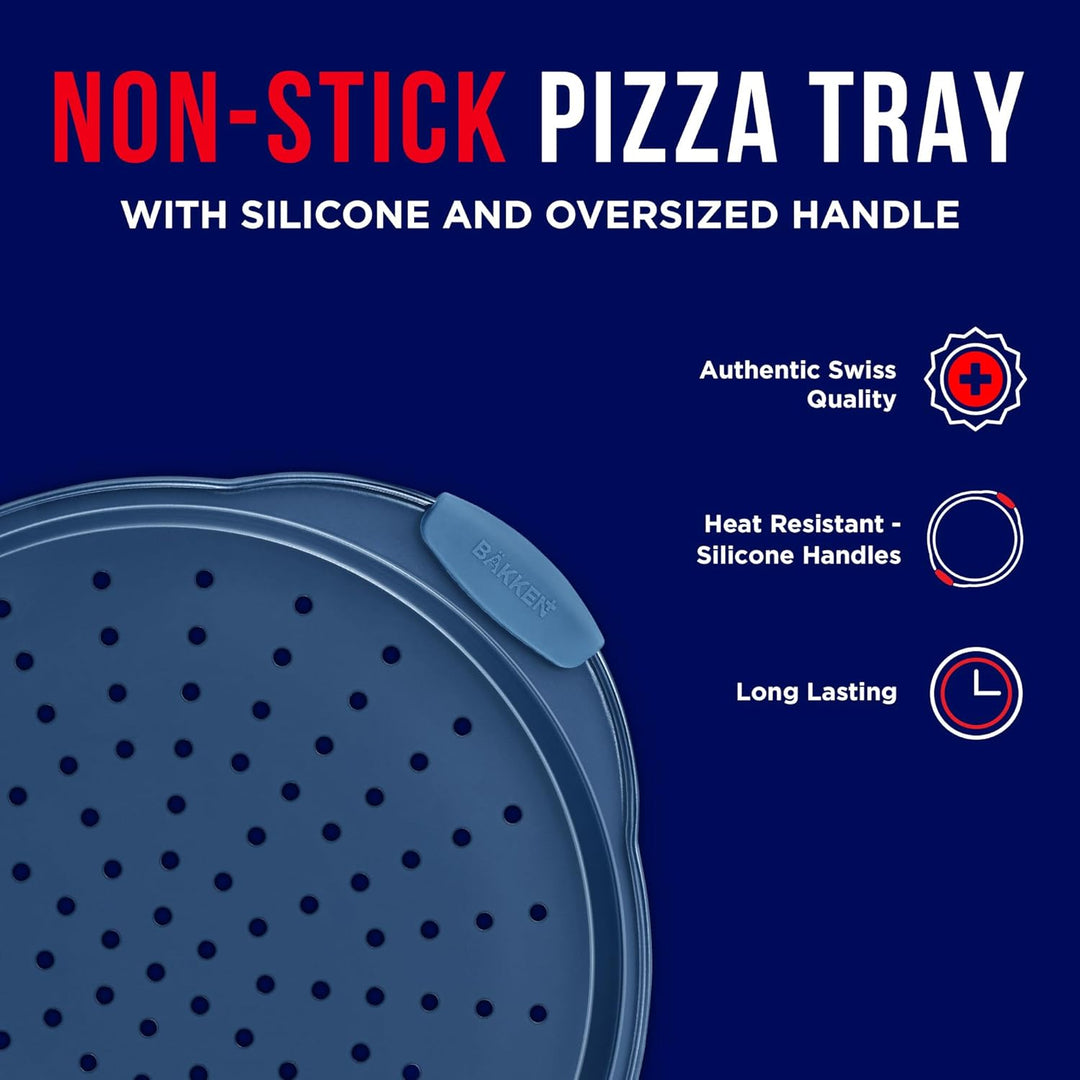Bakken Pizza Baking Pan - Round Perforated Carbon Steel Pan with Non-Stick Marble Coating, Oversized Silicone Handle, Dishwasher Safe, High-Temperature Resistant, Durable and Easy Cleanup - Blue