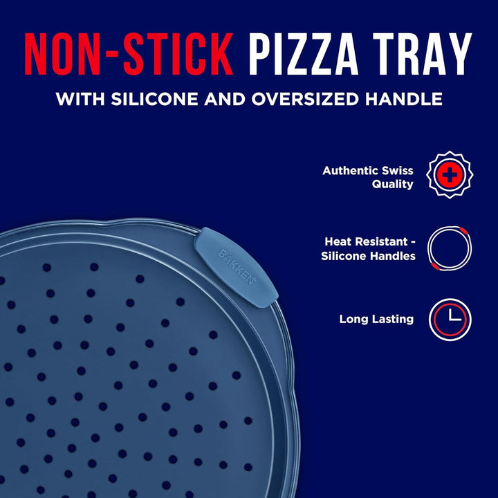Bakken Pizza Baking Pan - Round Perforated Carbon Steel Pan with Non-Stick Marble Coating, Oversized Silicone Handle, Dishwasher Safe, High-Temperature Resistant, Durable and Easy Cleanup - Blue