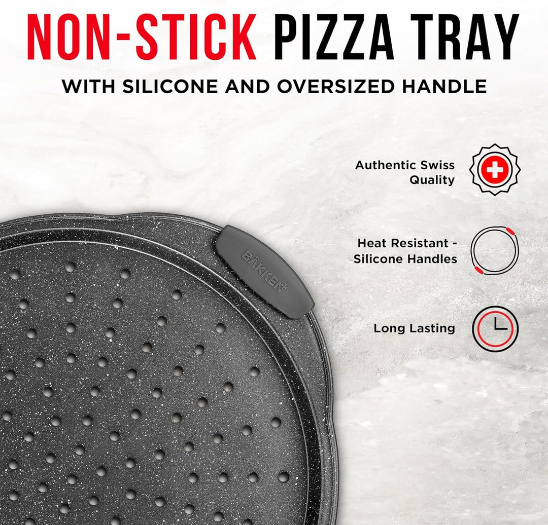 Bakken Pizza Baking Pan - Round Perforated Carbon Steel Pan with Non-Stick Marble Coating, Oversized Silicone Handle, Dishwasher Safe, High-Temperature Resistant, Durable & Easy Cleanup Gray