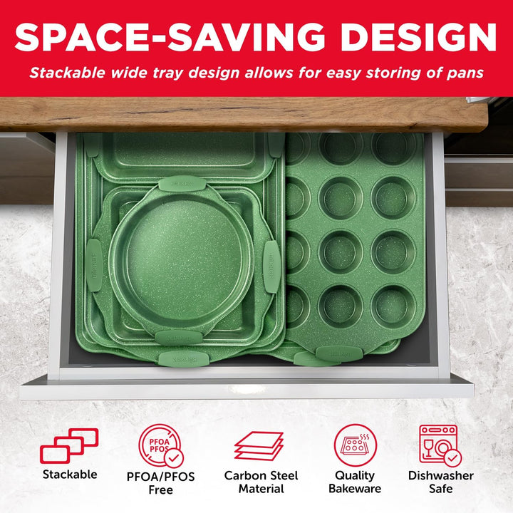 BAKKEN Kitchen Baking Pan Set - Nonstick Green Marble Coating, Carbon Steel Bakeware Sets with Green Silicone Handles, Kitchen Essentials, PFOA, PFOS, PTFE Free, Oven Safe (Up To 450° F), Set of 6
