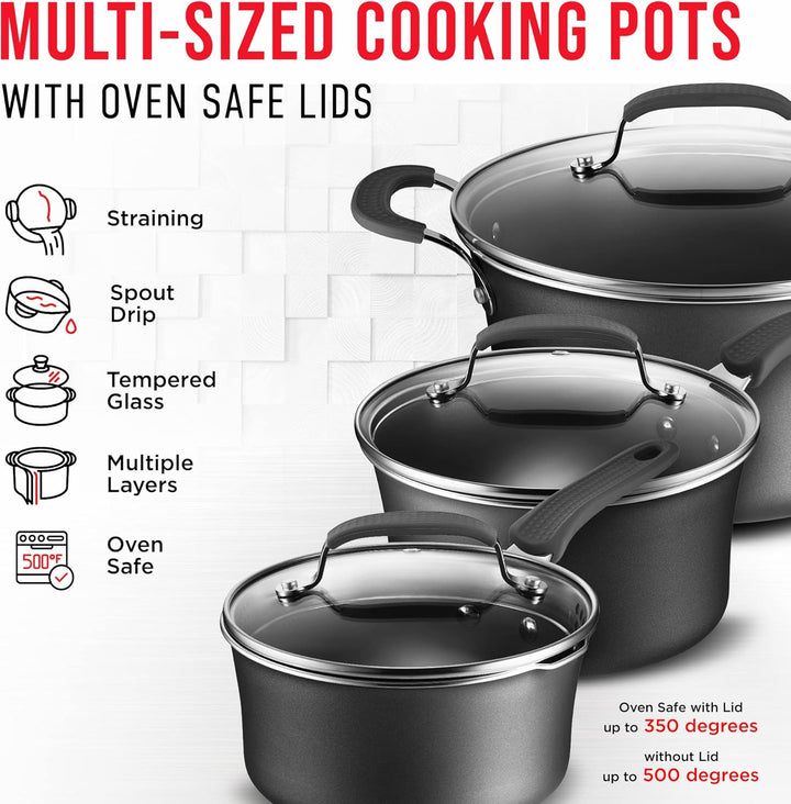 Pots and Pans Set – 14 Piece – Non-Stick Professional Home Kitchenware – Cooking Pots with Lids – Skillet Fry Pans – Suitable for Gas, Electric, Ceramic and Induction Counter Cooktops - Black