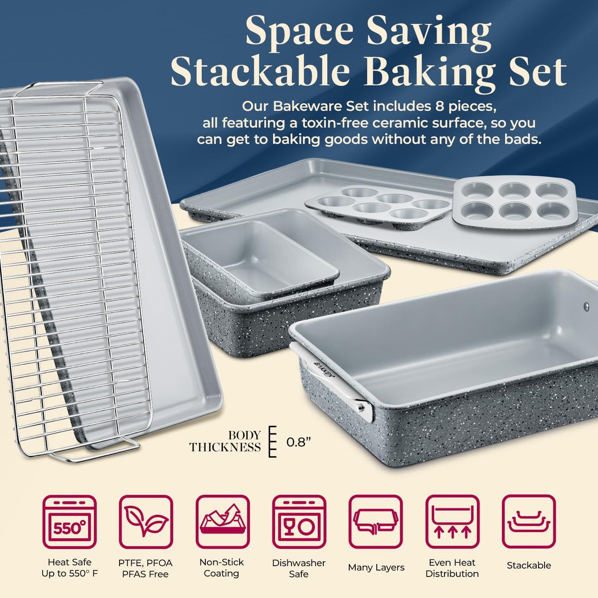 Bakken 8-Piece Ceramic Bakeware Set, Stackable, Marble, photo 3 of 9