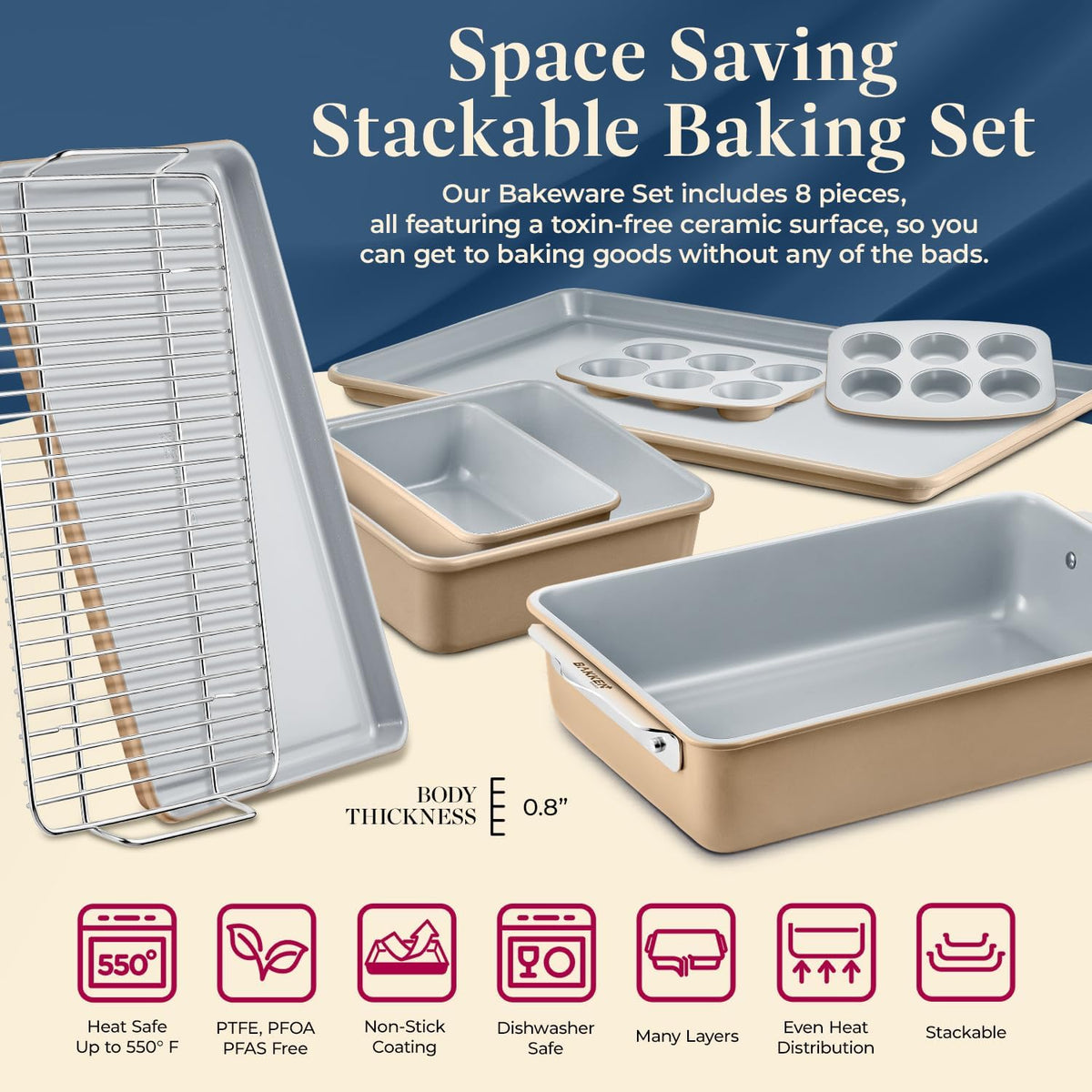 Bakken 8-Piece Ceramic Bakeware Set, Stackable, Gold, photo 3 of 9