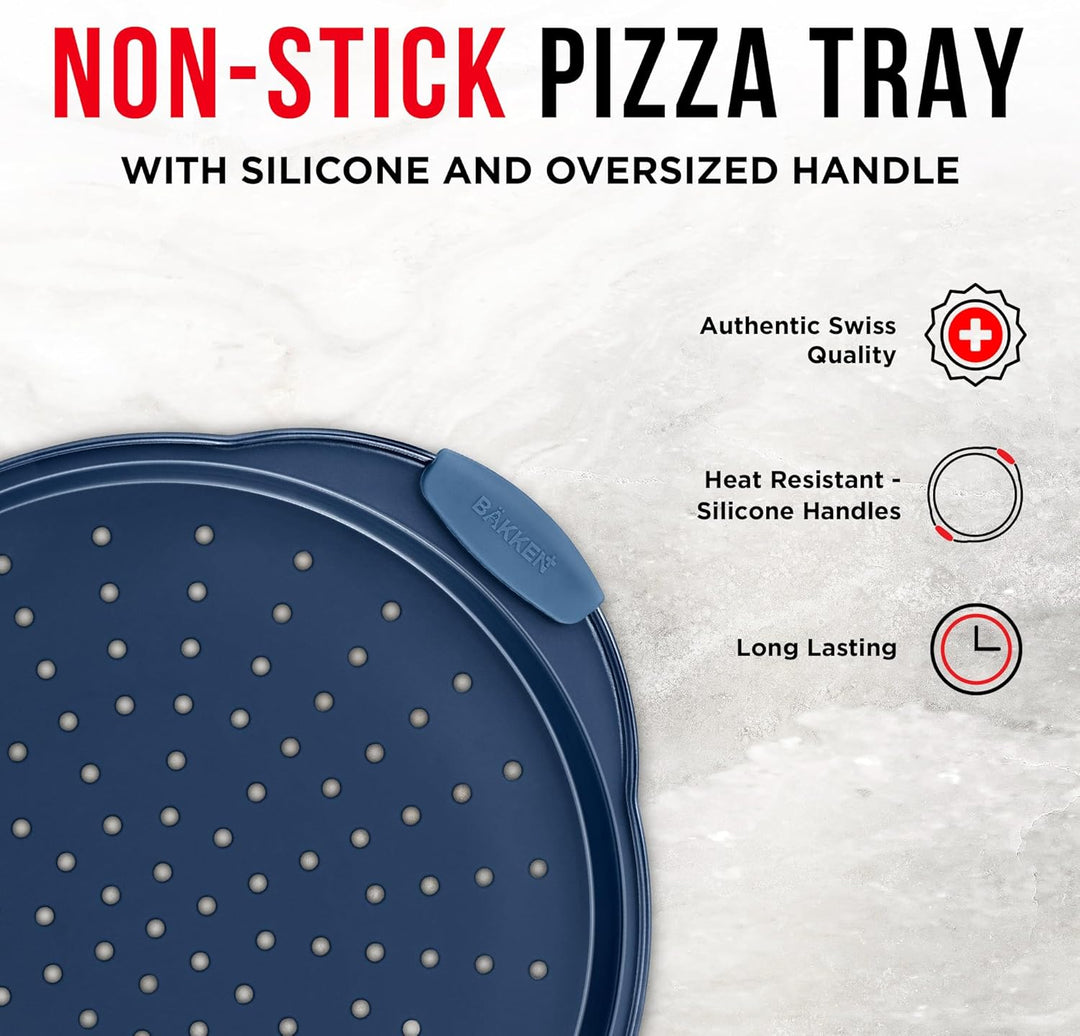 Bakken Pizza Baking Pan - Round Perforated Carbon Steel Pan with Non-Stick Marble Coating, Oversized Silicone Handle, Dishwasher Safe, High-Temperature Resistant, Durable & Easy Cleanup Blue, 2 Pack