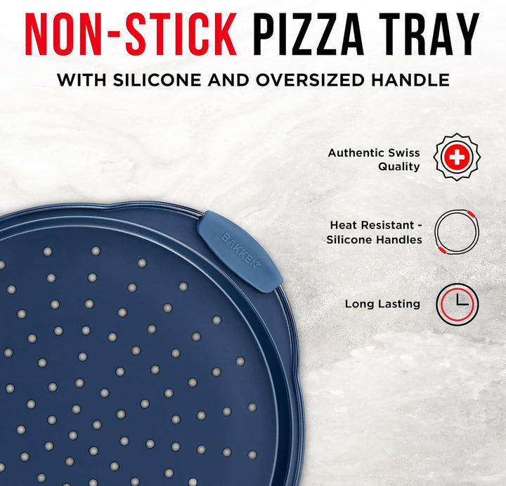 Bakken Pizza Baking Pan - Round Perforated Carbon Steel Pan with Non-Stick Marble Coating, Oversized Silicone Handle, Dishwasher Safe, High-Temperature Resistant, Durable & Easy Cleanup Blue, 2 Pack