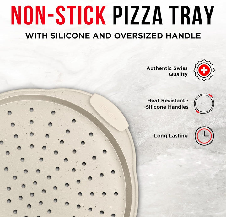 Bakken Pizza Baking Pan - Round Perforated Carbon Steel Pan with Non-Stick Marble Coating, Oversized Silicone Handle, Dishwasher Safe, High-Temperature Resistant, Durable, and Easy Cleanup White