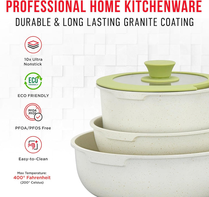 Bakken 15-Piece Non-Stick Cookware Set with Detachable Handles – Granite Stackable Pots and Pans Set, Dish Washer Safe, Oven-Safe, and Compatible Kitchen Essential for All Stoves – Green/Cream