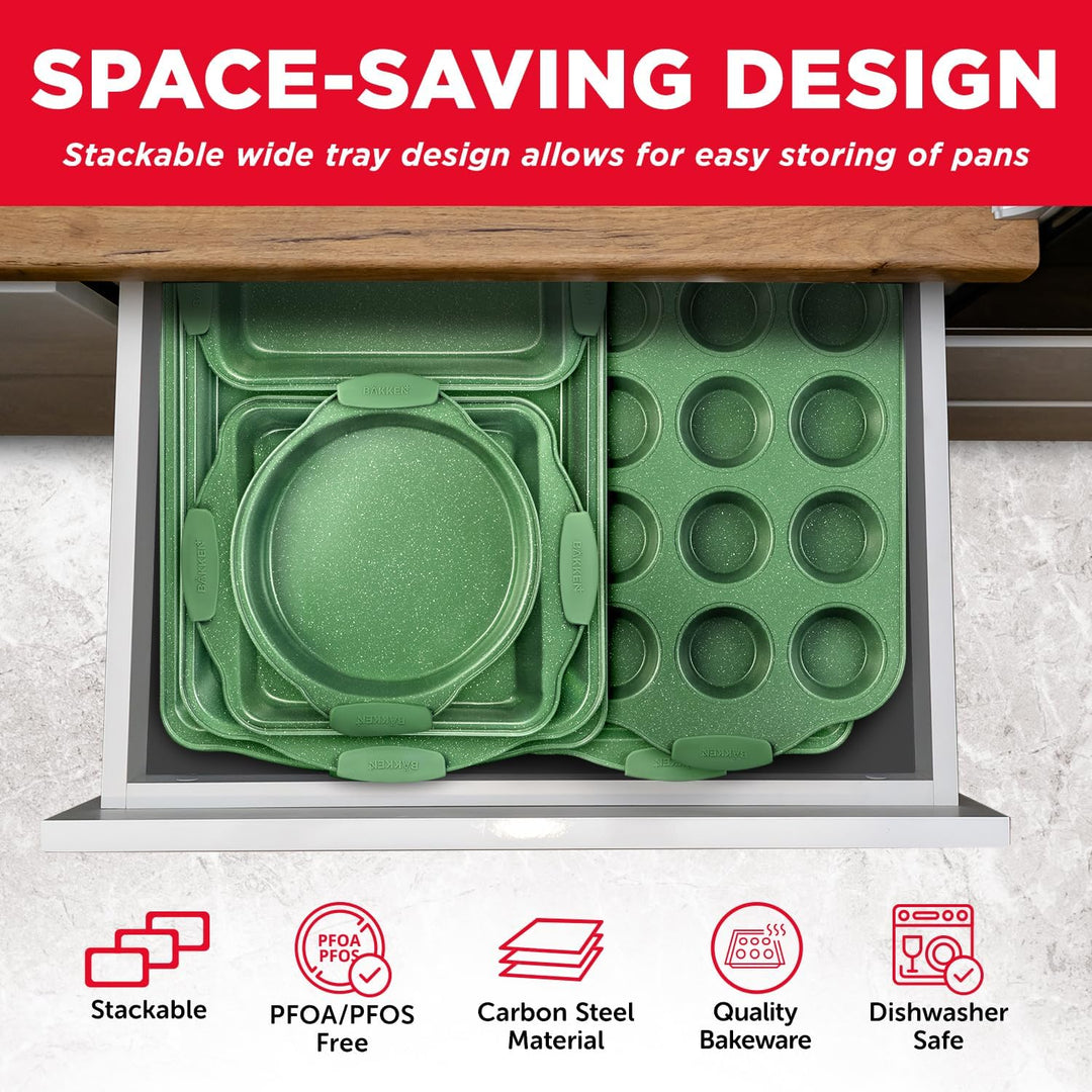 BAKKEN Kitchen Baking Pan Set - Nonstick Green Marble Coating, Carbon Steel Bakeware Sets with Green Silicone Handles, Kitchen Essentials, PFOA, PFOS, PTFE Free, Oven Safe (Up To 450° F), Set of 10