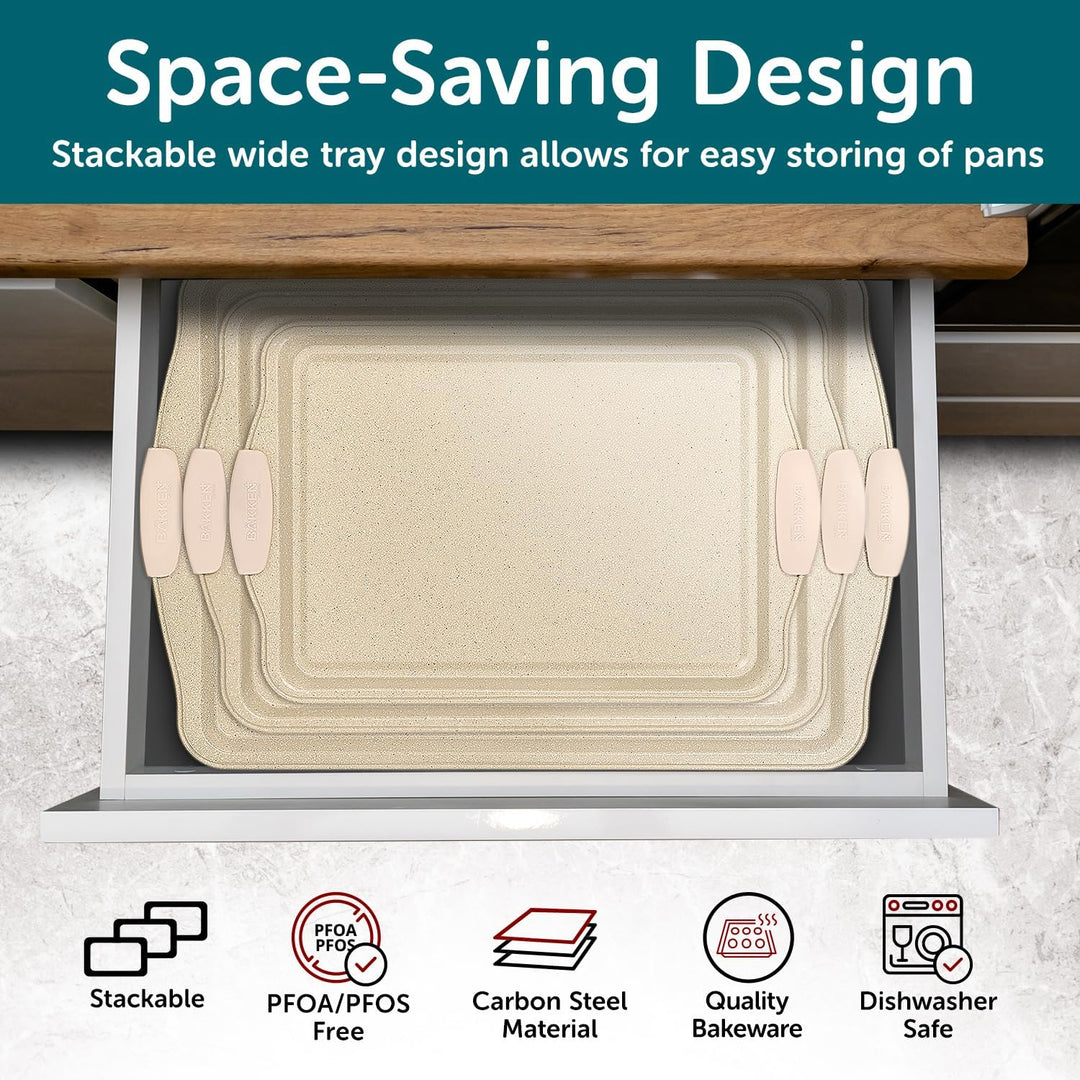 BAKKEN Cookie Sheets for Baking Nonstick Set - 3-Piece Stackable Carbon Steel Baking Sheet Pans Set with Silicone Handles, Non Toxic Cookie Sheets for Baking Bakeware Set - White Marble