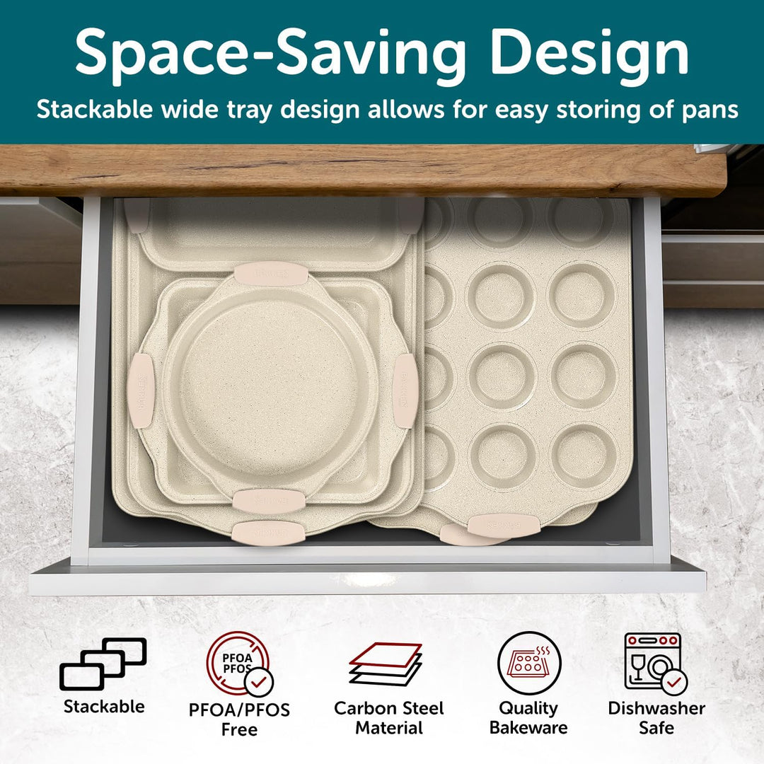 Deluxe 8-Piece Carbon Steel Bakeware Set - Nonstick White Marble Coating, Silicone Handles - Professional Quality Kitchen Oven Baking Pans
