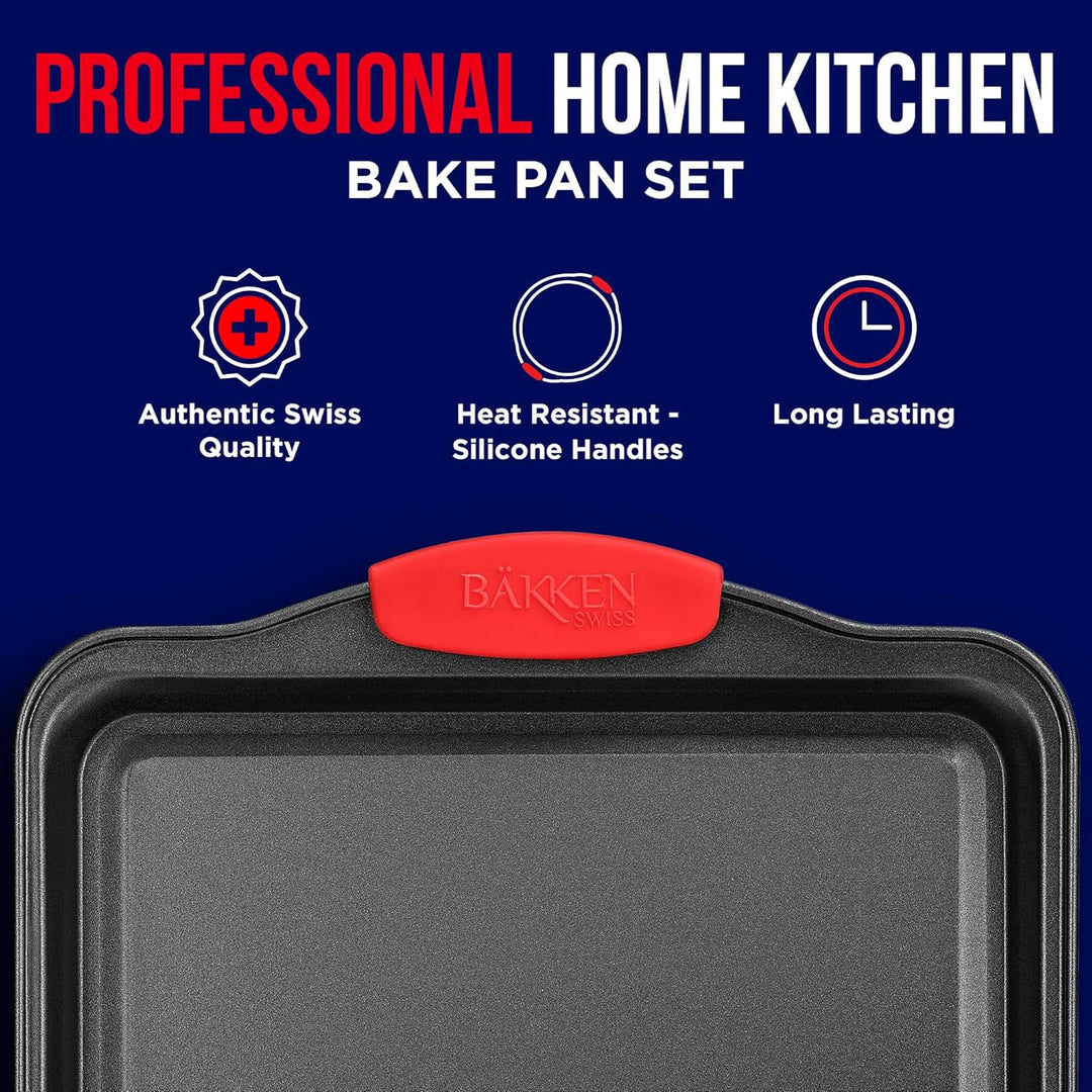 Nonstick Cookie Sheet Pan Carbon Steel Oven Tray Sheet Pan with Red Silicone Handles -Medium Bakeware Pan Tray with Gray Coating Inside & Outside