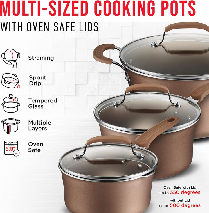 Pots and Pans Set – 14 Piece – Non-Stick Professional Home Kitchenware – Cooking Pots with Lids – Skillet Fry Pans – Suitable for Gas, Electric, Ceramic and Induction Counter Cooktops - Golden
